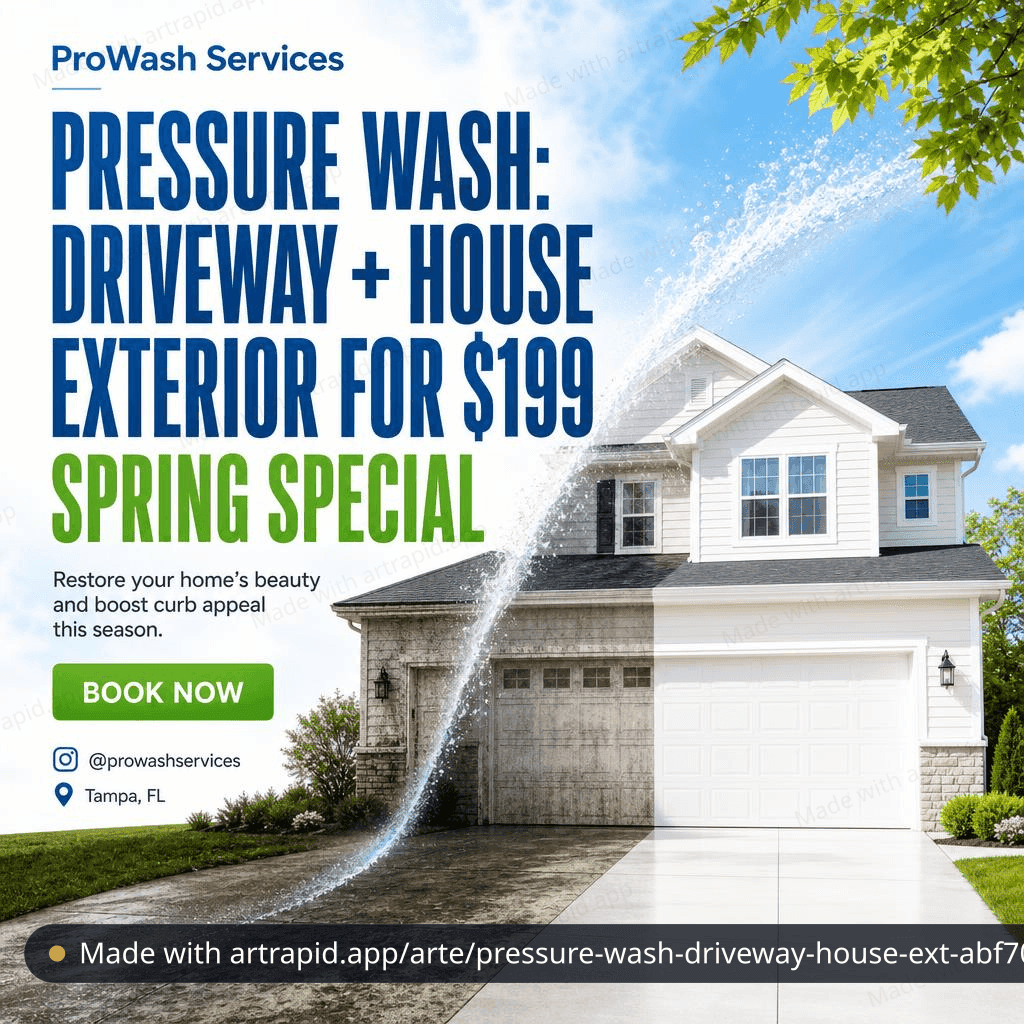 Pressure wash: driveway + house exterior for $199 spring special · ArtRapid